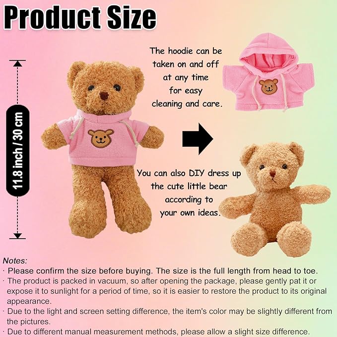 zhidiloveyou 11.8" Teddy Bear Stuffed Animal Toy Cute Bear Plush Birthday Gift for Kids, Pink