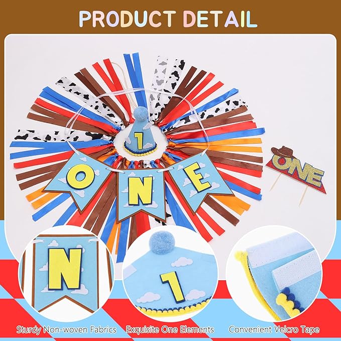 Cartoon Toy Highchair Banner for Baby First Birthday Party Decorations Blue Sky With Clouds High Chair Tassel Banner for Boys Girls Western Cowboy 1st Birthday Photo Props Backdrop Decoration