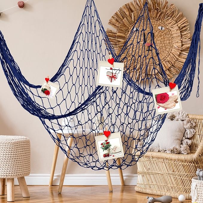 Shappy 2 Pcs Fish Net Decorative 80 x 40 Inch, Wall Hanging Fishnet for Mermaid, Pirate, Nautical, Under the Sea Party Decoration Ocean Themed Hawaii Beach Birthday Halloween Party Supplies(Dark Blue)