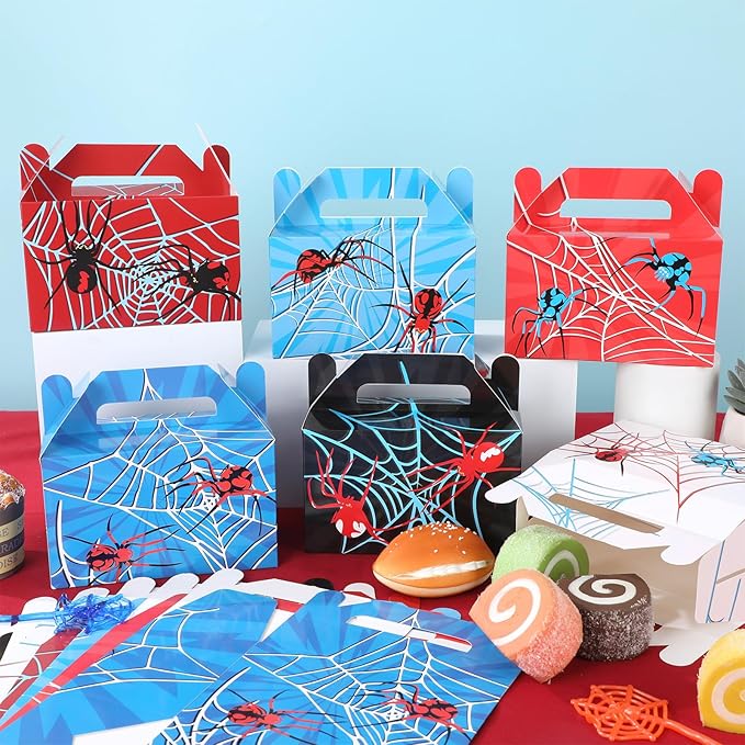 24Pcs Spider Party Favors Boxes Spider Web Paper Treat Box Birthday Supplies Red Blue Black Color Goodie Gift Boxes for Kid Boy Birthday Baby Shower Game Party Table Decoration 6 x 3.5 x 3 inches