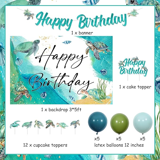 JOYMEMO Sea Turtle Birthday Theme Party Decorations, Birthday Banners, Sea Animal Backdrops, Balloon and Cake Decorations for Underwater World Style Party Supplies