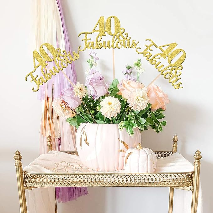 12 PCS 40 and Fabulous Centerpiece Sticks Double Sided Happy 40th Birthday Table Flower Centerpieces Sticks Cheers to 40 Floral Decorations for 40th Birthday Anniversary Party Supplies Gold