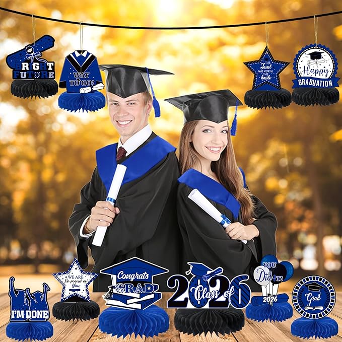 10PCS Graduation Party Decorations Class of 2026 Congrats Grad Table Centerpieces Congratulate Graduation Honeycomb Table Toppers for Graduation Party Supplies(Blue Black)