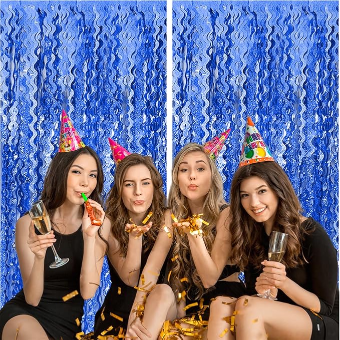 2 Pack Navy Blue Wavy Foil Fringe Curtains, 3.3x6.6 Ft Metallic Tinsel Wavy Backdrop Party Decorations Door Navy Blue Streamers for Birthday Wedding Engagement Decor,Party Supplies