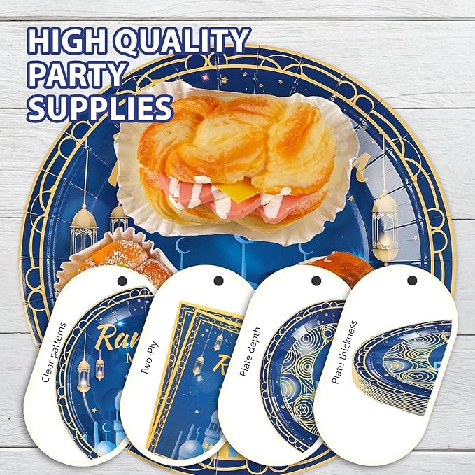 168Pcs Blue Eid Ramadan Decorations Mosque Lantern Moon Plates and Napkins Cups Forks Islamic Eid Mubarak Decor Tableware Sets for Islamic Muslim Ramadan Mubarak Muslim Home Party Supplies Serves 24