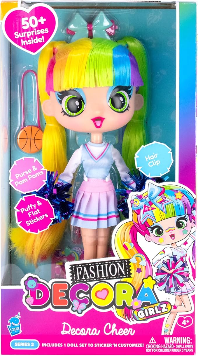 Decora Fashion Girlz Doll – Decora Cheerleader 11” Poseable Fashion Doll with Long Rainbow Hair, 50+ Surprises, Fabric Outfit, Removable Stickers, Accessories & Doll Stand, Collectible for Girls 4–9