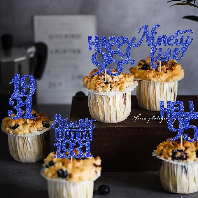 30 PCS 95th Birthday Cupcake Toppers Glitter Ninety Five Happy 95 Straight Outta 1931 Cupcake Picks for Cheers to 95 Fabulous 95th Birthday Anniversary Party Cake Decorations Supplier Blue
