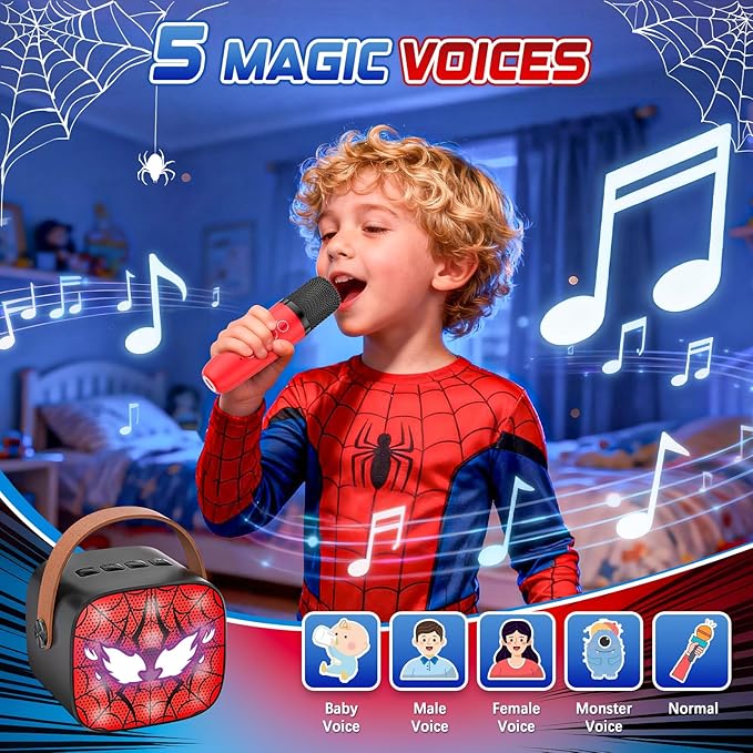 Spider Mini Karaoke Machine for Kids - TOP Karaoke Toys for 3 4 5 6 7 8 9 10 11 12+ Year Old Boys Girls, Portable Bluetooth Speaker with 2 Wireless Microphones, Kids Christmas Birthday Party Gifts(BK)