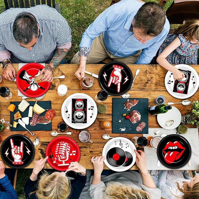 60Pcs Rock Theme Party Paper Plates for Music Birthday 9in 1950's Record Party Disposable Dessert Cake Tableware Dinnerware Set for Kids Baby Shower Decoration Anniversary 50s 60s Theme Party Supplies