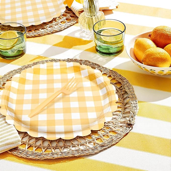 96Pcs Yellow Gingham Plates and Napkins Forks Lace Plaid Paper Plates for 24 Guest Picnic Wedding Baby Shower Tea Kids Birthday Party Supplies Decrations