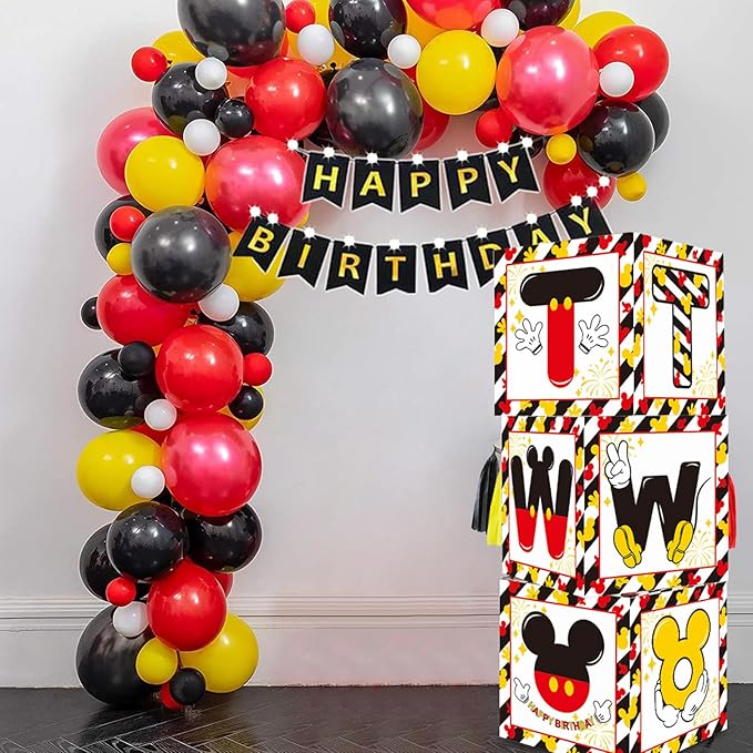 TONIFUL Mouse 2nd B-Day Party Supplies Red Yellow Black Balloon Box with Letters, Red Mouse Theme TWO Years Old Birthday Party Favors for Second Birthday Decoration