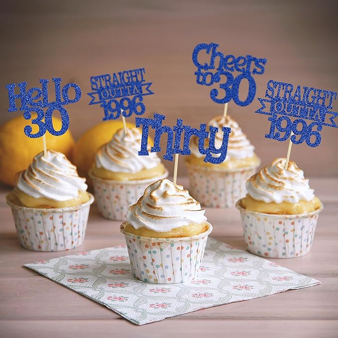 Ephlyn 24Pcs Happy 30th Birthday Cupcake Toppers Glitter Thirty Cupcake Picks Hello 30 Cheers to 30 Years Cake Decorations for 30th Birthday Anniversary Party Decorations Supplies Blue