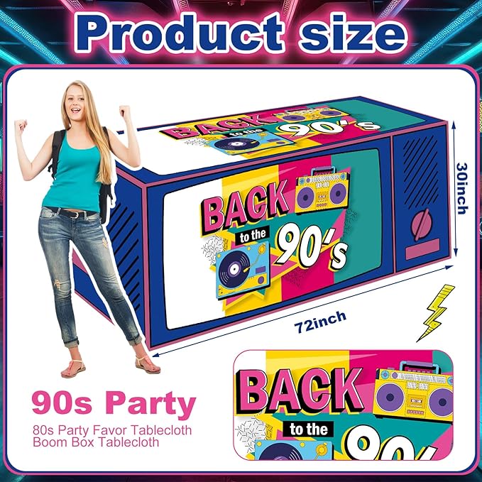Oudain 6 ft 90s Theme Tablecloth 72 x 30'' Nostalgia Style Rectangle TV Table Cover Washable Fabric Polyester for Retro Back to The 90s Party Decorations Throwback Party Decorations
