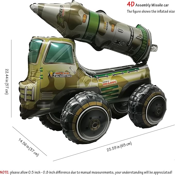 Self Standing 4D Army Missile Truck Car Foil Balloon Large Birthday Missile Armed Forces Truck Balloon For Boys Truck Military Theme Birthday Party Decorations