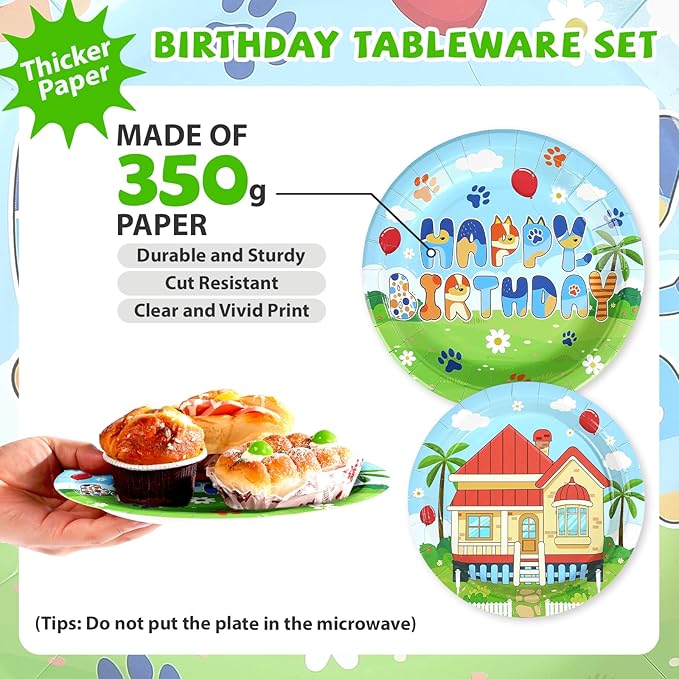168 Pcs Blue Dog Birthday Party Decorations Blue Birthday Girl Plates and Napkins Dog Tableware Set for Spring Boys Girls themed Birthdays Baby Shower Party Supplies, Serves 24