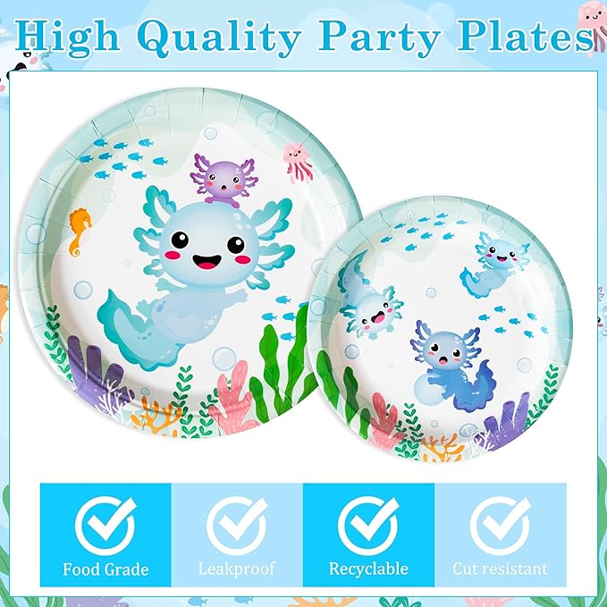 96Pcs Blue Axolotl Cute Cartoon Animals Party Plates Supplies Tableware Decorations Disposable Paper Plates Napkins Forks for Kids Birthday Baby Shower, Serves 24