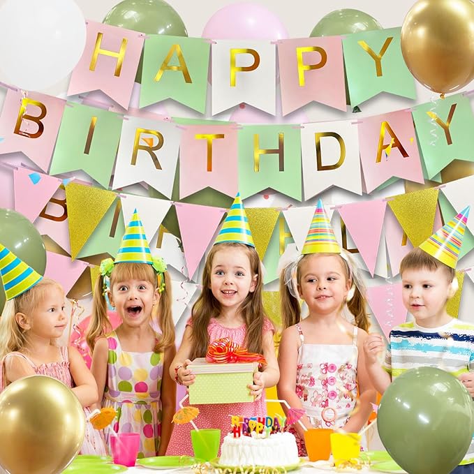 Happy Birthday Banner, Happy Birthday Decorations for Girls, 16 Pcs 12in Balloons with Banner Bunting and 3 Ribbons for Men Women Girls and Boys Birthday Party Decorations(Green Pink)