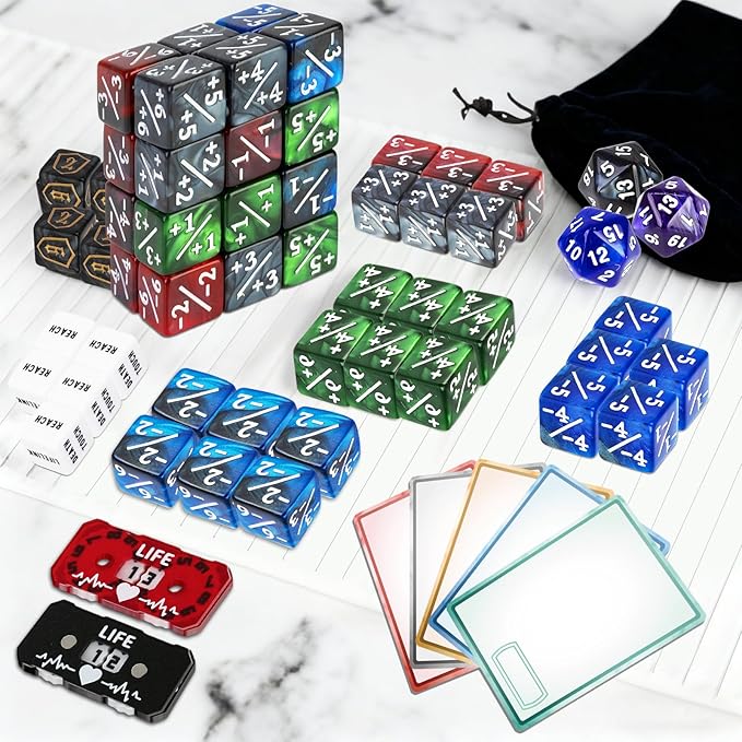 149-Piece MTG Dice Set with Dry Erase Tokens Kit Includes 50 Dice Counters 2 Life Counters and 80 Tokens for MTG, TCG Card Game Accessories with 2 Markers 2 Cloths
