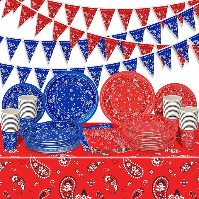 123 Pcs Western Cowboy Party Decorations, Wild West Birthday Decorations Tableware Set, Cups, Plates, Napkins, Banner & Tablecloth for Cowboy Themed Party Ideal for Bbqs, Baby Showers(Red, Blue)