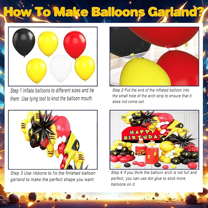 120 Pcs Red Black Yellow balloon garland Arch Kit, Lightning Print Balloons for Cartoon Ball Themed Birthday Party Decorations Boys Girls Gatherings Party Supplies