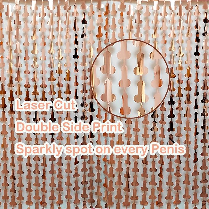 Bachelorette Party Decorations Foil Fringe Curtain, 2-Pack Girls Night Supplies Funny Metallic Streamers, Naughty Tinsel Backdrop for Hen Parties Bridal Shower Adult Birthday (Rose Gold)