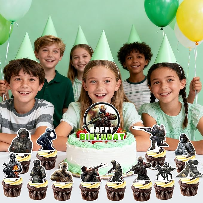 25Pcs Call of-Duty Birthday Party Supplies Pack Includes 1 Cake Topper 24 Cupcake Toppers for Game Call Party Supplies