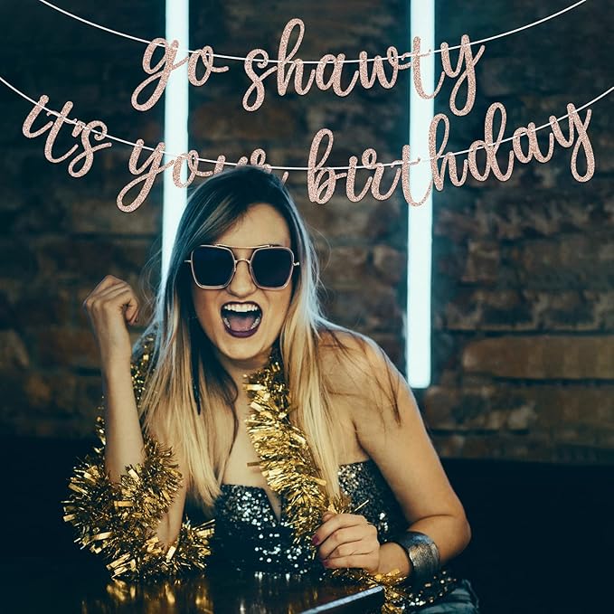 Go Shawty It's Your Birthday Banner, Hip Hop Birthday Party Decorations Supplies, Rap Theme Bday Bunting Sign, Pre-strung, Photo Props (Rose Gold)