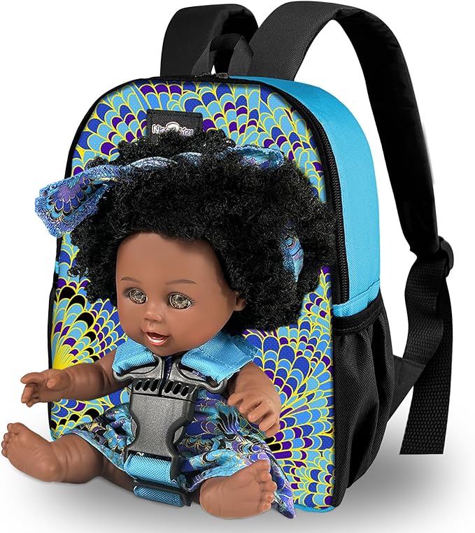 Nice2you Black Baby Doll with Backpack Carrier, 10in American African Doll for Girls Toddlers Aged 2+, Backpack for Baby Doll Accessories Storage, Perfect for 1 2 3 4 5 6 Years Old Kids