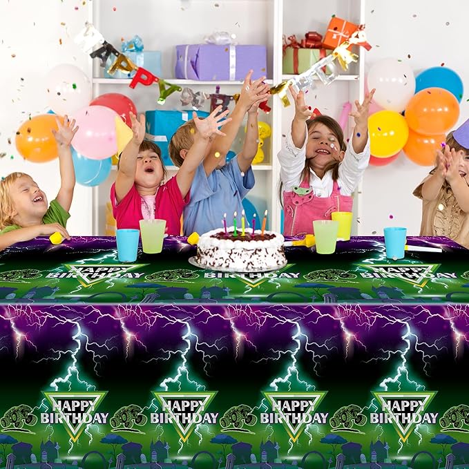 6 Pack Green and Purple Monster Truck Tablecloths - Monster Truck Happy Birthday Disposable Rectangle Table Cover for Baby Shower Kids Birthday Party Dinner Table Decoration 108×54 Inches