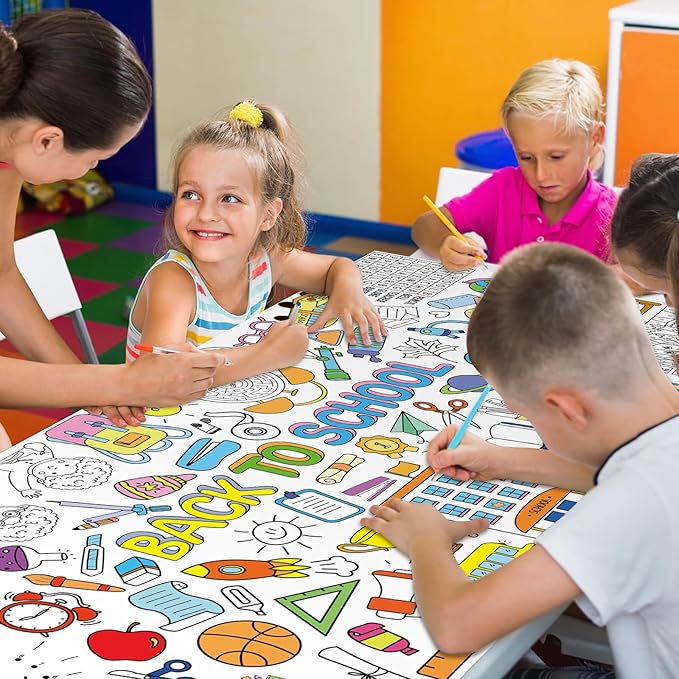Back to School Large Coloring Poster for Kids 30 x 72 Inch, Giant Coloring Paper Tablecloth Decorations, Color-in Activities Games for Classroom Supplies Must Haves