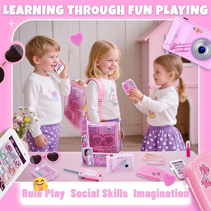 Toy Choi's Little Girls' Princess Pretend Play Set - Pink Backpack with Makeup Kit, Play Phone & Camera, Fashion Play Purse for Little Girls Ages 3-6 Years