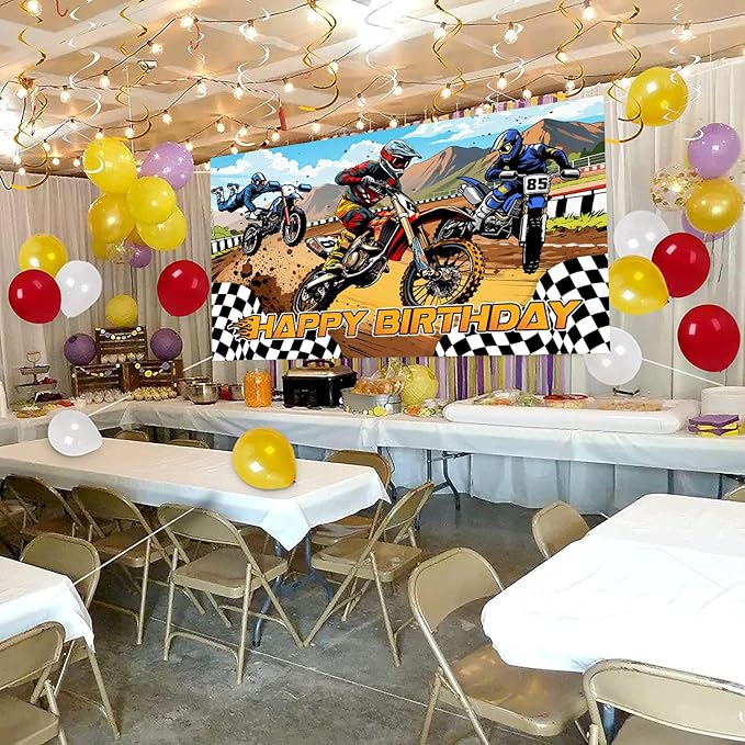 Dirt Bike Birthday Decorations, Dirt Bike Happy Birthday Banner Backdrop, Motocross Theme Backdrop Banner Party Supplies Decorations