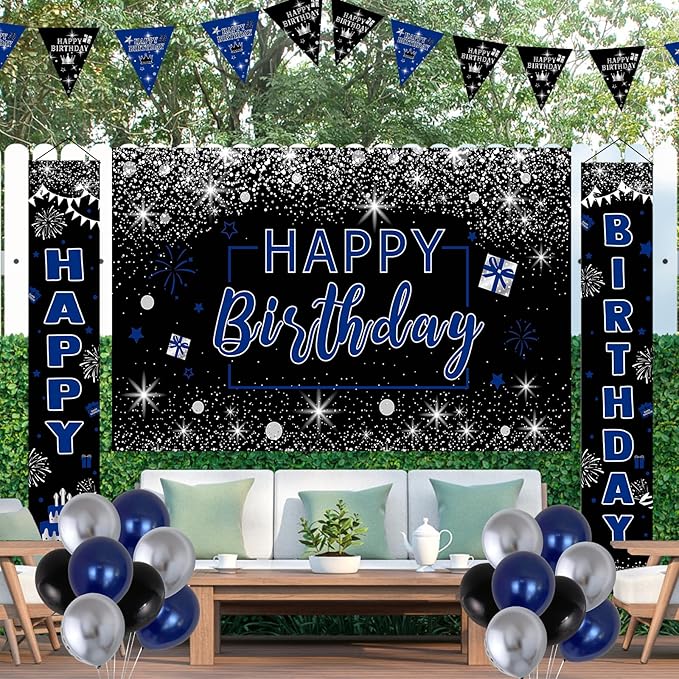 Black and Blue Birthday Decorations, 37 PCS Blue Silver Party Decorations for Boys Men Women Girls, Balloon Supplies with Happy Birthday Backdrop Banner Tablecloth Confetti Balloons Arch