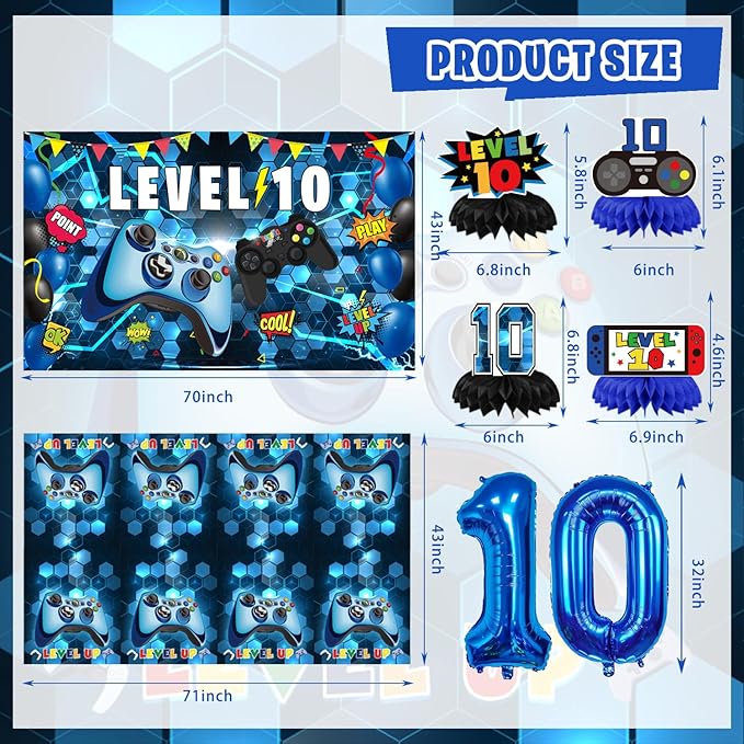10th Birthday Decorations for Boys, 149Pcs Blue Video Game level 10 Party Supplies for Boy 10th Birthday - Backdrop, Banner, Balloons, Tablecloth, Centerpieces, Hanging Swirls, Wall Signs