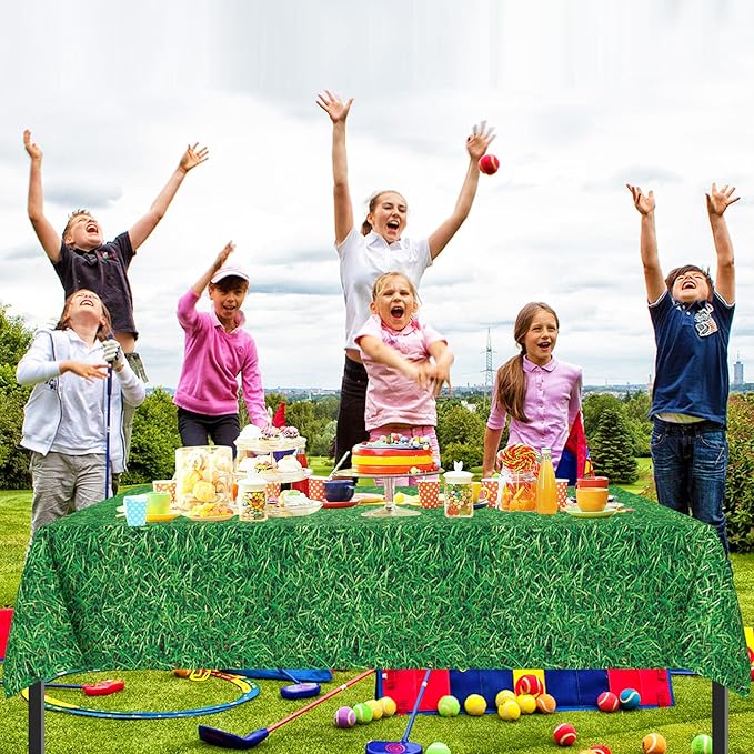 3 Pcs Green Grass Plastic Tablecloths, 51 * 86 Inch Disposable Grass Table Covers, Golf Soccer Party Decorations for Boys, Soccer Golf Sports Theme Birthday Party Supplies