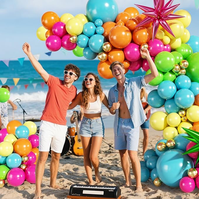 Summer Tropical Balloon Arch Kit 141Pcs Orange Hot Pink Yellow Blue Green Gold Balloons with Foil Star Balloons for Hawaiian Luau Aloha Theme Baby Shower Birthday Party Decorations