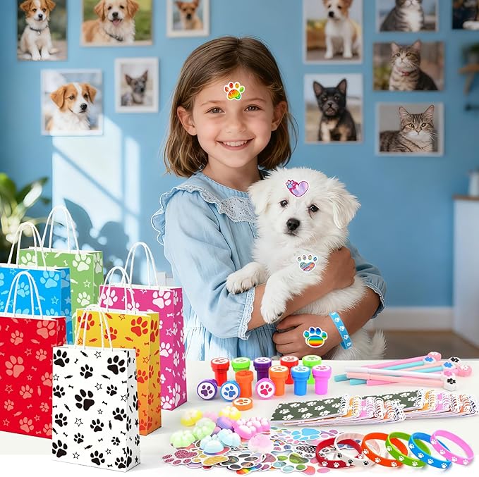 122 Pcs Paw Print Party Favors, Blue Puppy Theme Birthday Decorations for Girl with Orange Blue Dog Paw Goodie Bags Stuffers Stickers Mochi Squishy Toys Pen Mini Notebook, Easter Gifts for Kids