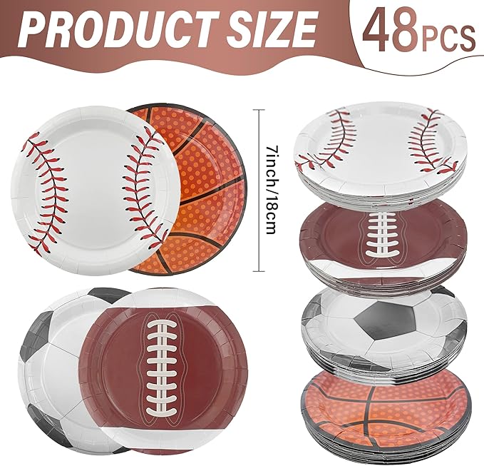 48PCS Sports Birthday Party Decorations 7" Sports Party Plates Disposable Sports Paper Plates Baseball Basketball Soccer Football Plates for Boys Adults Birthday Party Decorations