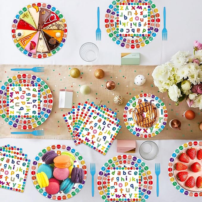 96 PCS Colorful Alphabet Party Decorations, Disposable ABC Letters Paper Plates Napkins Set School Classroom Educations Party Supplies for Kids Birthday Baby Shower Alphabet Games, Serves 24