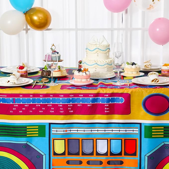 Oudain 6 FT 80s 90s Theme Tablecloth 80s Birthday Party Supplies Hip Hop Party Decoration Vintage Boom Box Tablecloth 72 x 30'' Retro Radio Table Cover Washable Fabric Polyester Rectangle Table Cover
