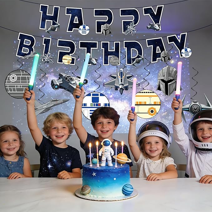 Galaxy Wars Birthday Decorations Outer Space Happy Birthday Banner Black Stars Science Fiction Party Hanging Swirls Streamers Ceiling Decor for Universe Space Star Themed Party Supplies Wall Decor