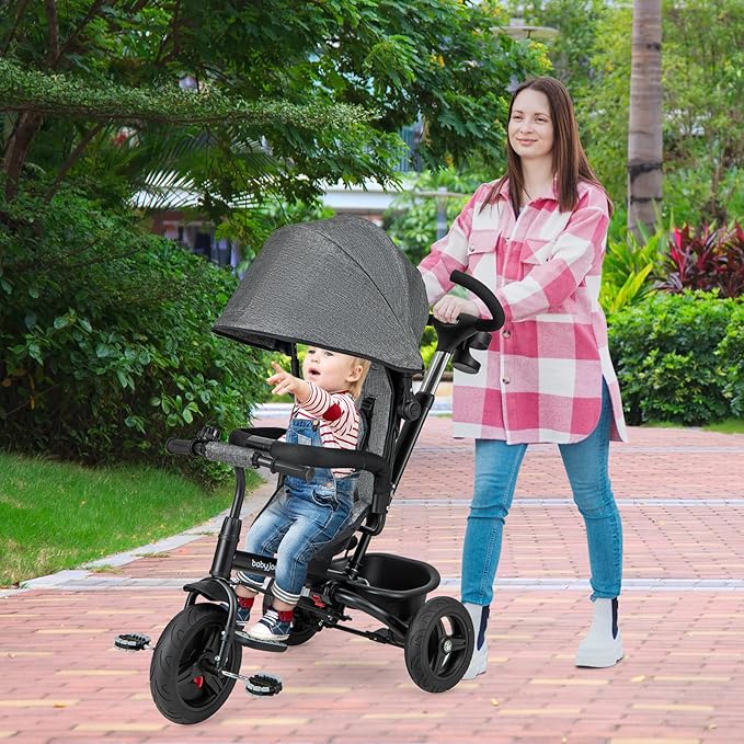 BABY JOY Tricycle, 6 in 1 Trike for Toddler w/Reversible Seat, Adjustable Canopy & Parent Handle, 5-Point Safety Belt, PU Wheels and Storage Basket, Push Tricycle for 9-60 Months (Gray)