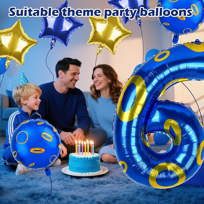 40 Inch Blue and Golden Ring Themed Number Balloon, Number Block Foil Number 6 Balloons Large Big Numbers Helium Balloon for Girls Boys 6th Birthday Theme Party Decorations (Number 6)