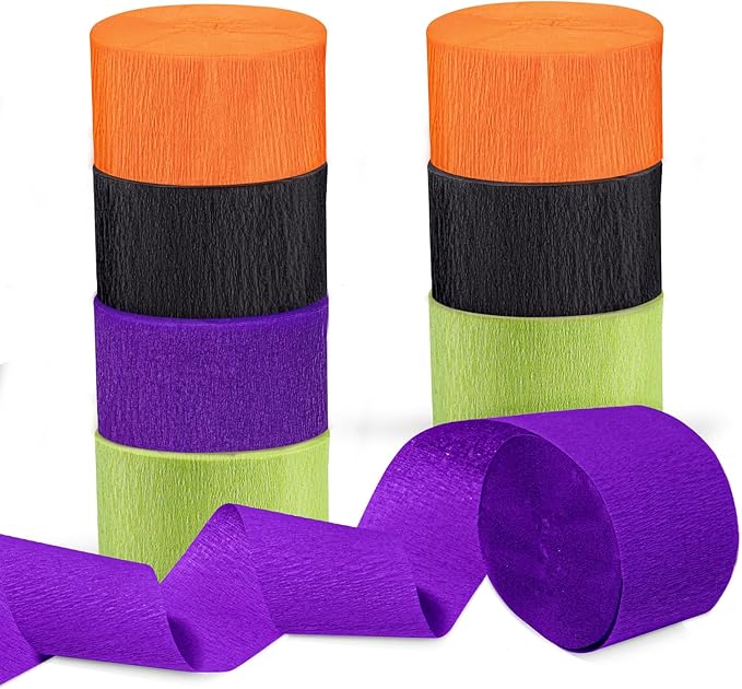 Riqiaqia Halloween Streamers, 8 Rolls Black & Orange Crepe Paper Streamers for Halloween Party Decorations, Birthday & Home Backdrop Decorations