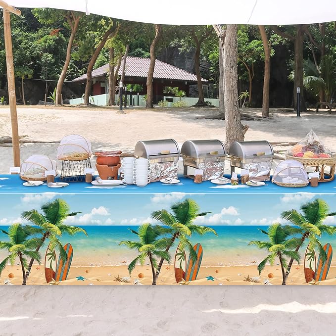 Tiamon 3 Pieces Summer Beach Tablecloths Plastic Hawaiian Party Table Cover Luau Palm Leaves Tropical Beach Tablecloth for Summer Ocean Sea Pool Birthday Party Supplies, 54 x 108 Inches