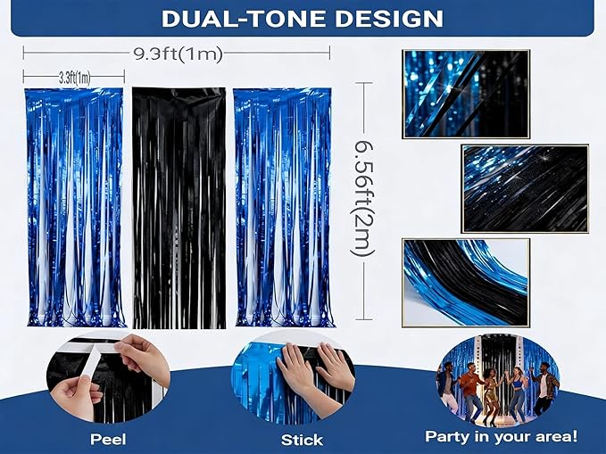 3packs Navy Blue Black Foil Fringe Curtains, Blue Birthday Party Decorations Backdrop for Women, Graduation Tinsel,Retirement Tinsels for Man Him,Wedding Streamers-Each 3.3 x 6.5ft