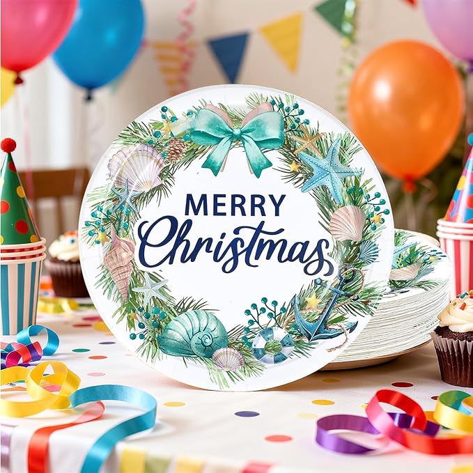 50 Pcs Wreath Christmas Paper Plates 10" Large Disposable Seashell Beach Platters Blue Coastal Style Decorations for Ocean Merry Christmas Festive Xmas Theme Holiday Birthday Party Supplies