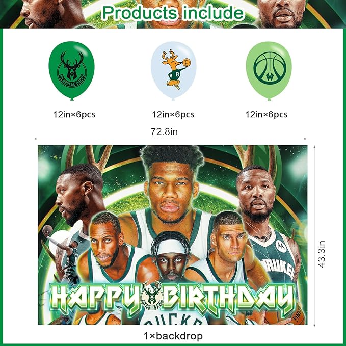 Milwaukee Basketball Birthday Party Decoration,Bucks Party Photo Background 5 x 3 FT and 18 Pcs Balloon,Merch Party Backdrop Supplies
