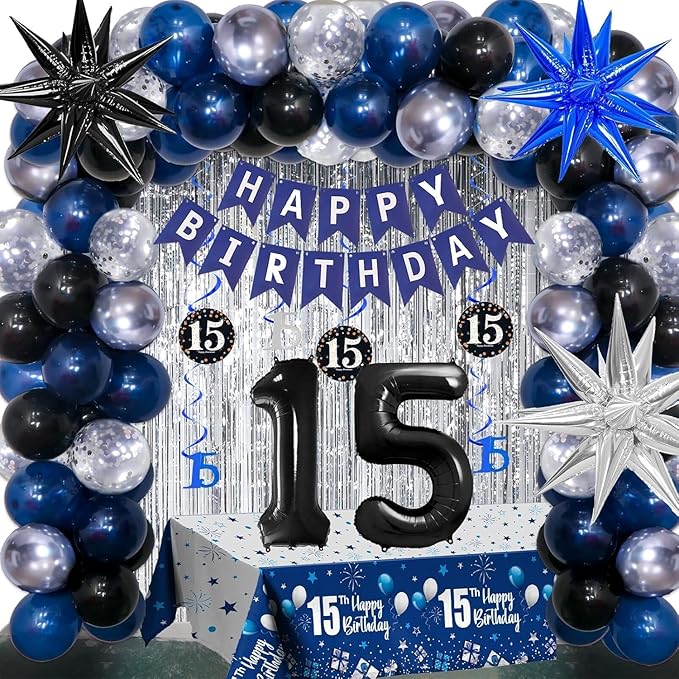 15th Birthday Decorations for Boys and Girls Dark Blue, HAPPY BIRTHDAY Banner Black Number 15 Balloons Tablecloth Foil Backdrop Star Balloons Garland Arch Kit-15 Years Old Birthday Party Supplies