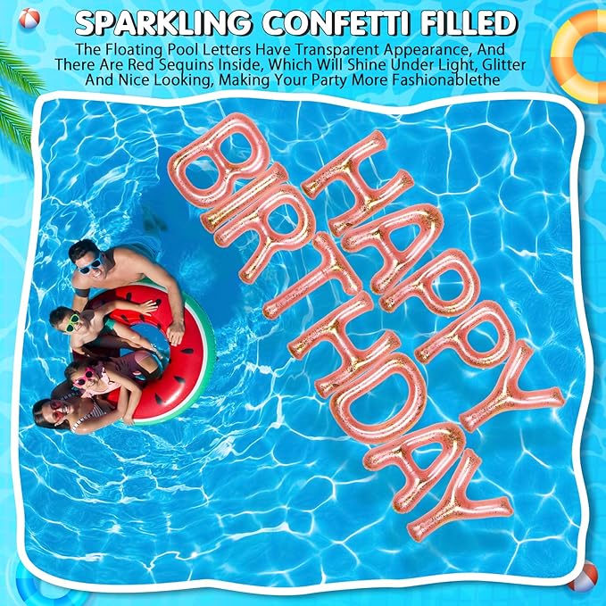 Shappy 20'' Happy Birthday Pool Large Floating Letter Balloons with Adhesive Dots Inflatable Pool Decorations for Summer Birthday Party